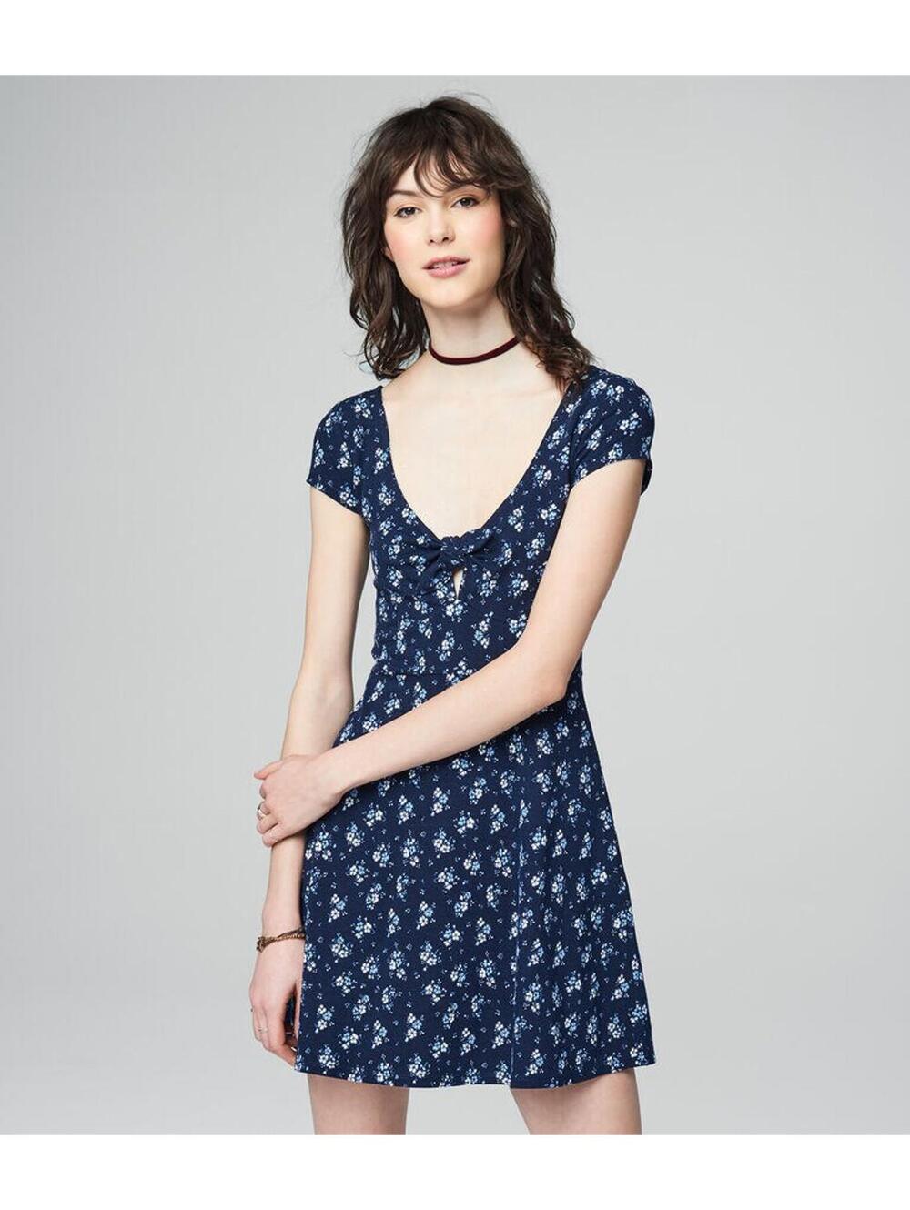 Aeropostale Navy Floral Print Dress W/ Keyhole Tie Neckline - Size Small ($49)